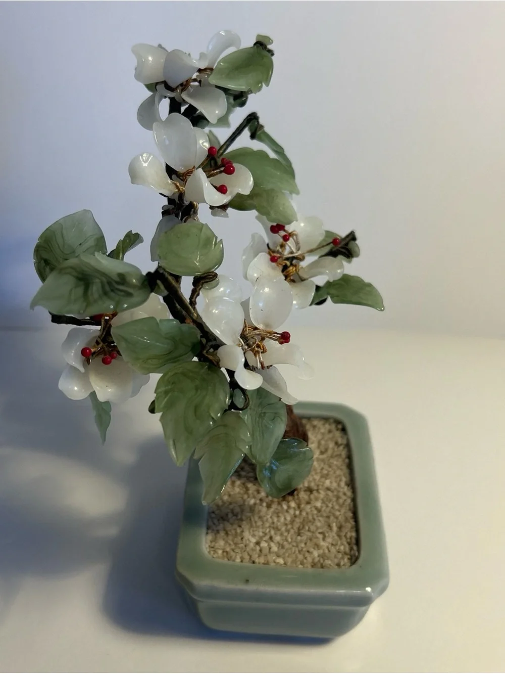 White Jade Blossom Bonsai in Pale Green Planter - Brand Unknown
